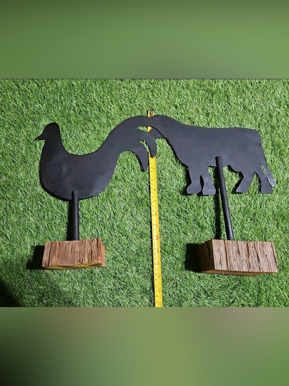 Vintage Farmhouse Folk Art Iron Wood Rooster & Bull Figurine Set